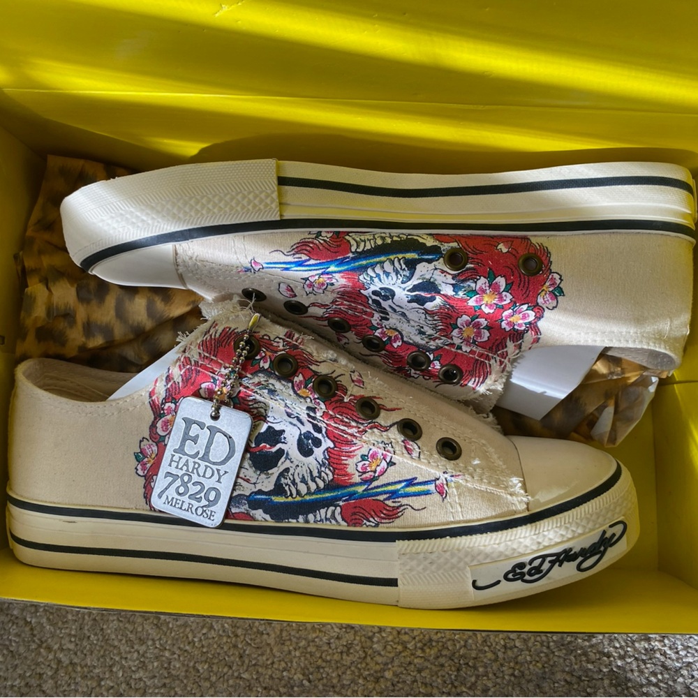 Vintage Ed Hardy White Canvas Sneakers